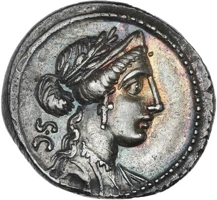 LICINIA (55 av. J.-C.)
Denier.
Buste diadémée de V