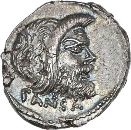 VIBIA (48 av. J.-C.)
Denier.
Masque de Pan à droit