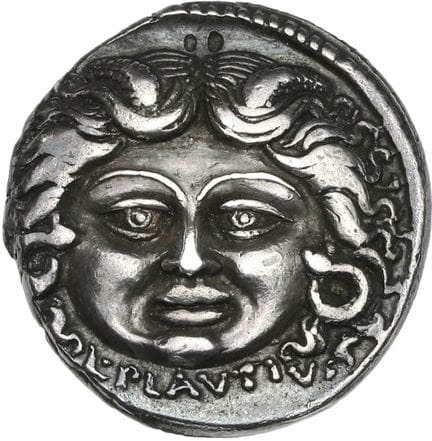 PLANTIA (47 av. J.-C.)
Denier.
Masque de méduse de