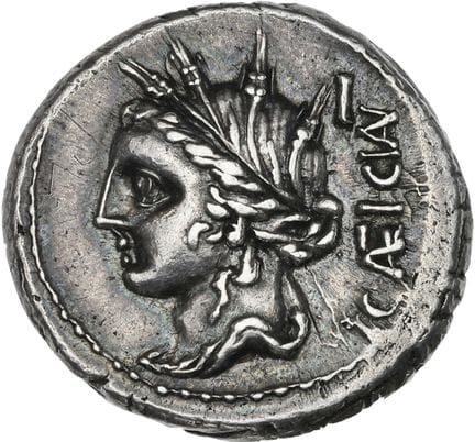 CASSIA (102 av. J.-C.)
Denier.
Tête de Cérès à gau