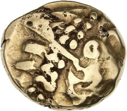 AMBIANI, région d'Amiens
Statère d'or. 6,48 g.
Têt