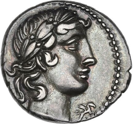 VIBIA (90 av. J.-C.)
Denier.
Tête laurée d'Apollon