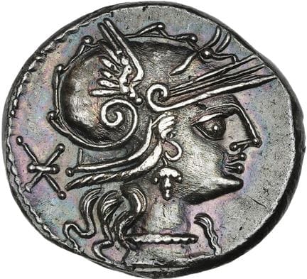 MINUCIA (103 av. J.-C.)
Denier.
Tête de Rome avec 
