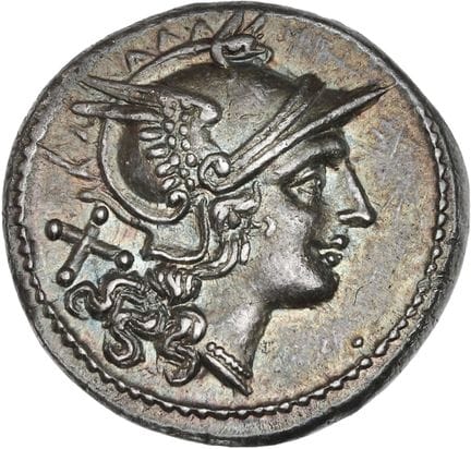 ANONYME
Denier (ap. 211 av. J.-C.).
Tête de Rome à