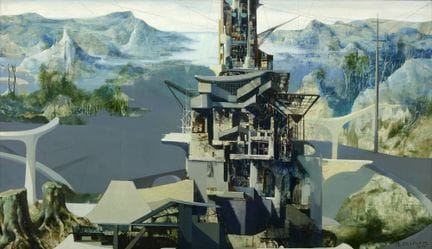 马塞尔·德尔莫特 比利时画派（1901-1984）。
木板油画：《面对自然，人类创造了这些怪兽》。
