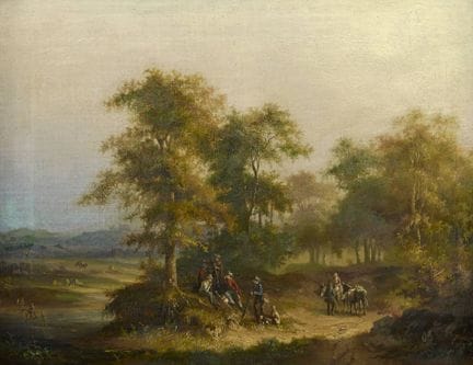 Travail 19e.
Huile sur toile: La discussion des ch