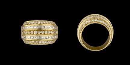 Jewelry.
Item: Yellow gold ring set with baguette-