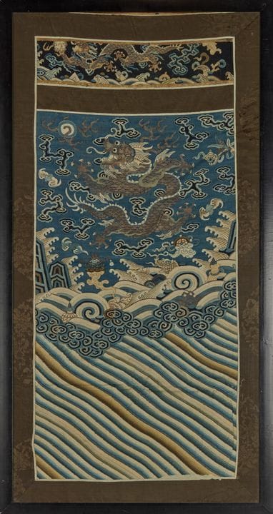 PANEL DE SEDA CHINA «DRAGÓN» CON FONDO AZUL DE KES
