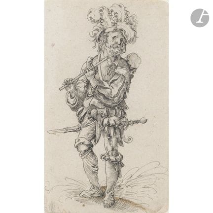ÉCOLE ALLEMANDE du XVIe siècle 
Soldat jouant de l
