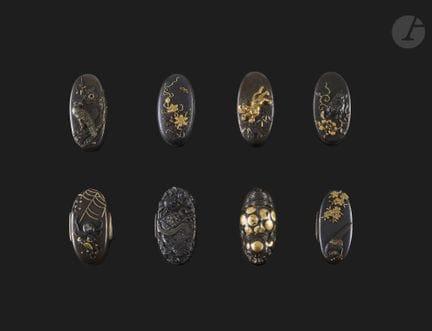 Set of 8 kashira made of shibuichi and shakudo, Ja