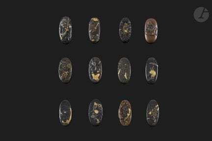 Set of 12 kashira made of shibuichi, shakudo, and 