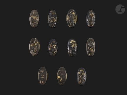 Set of 11 kashira made of shibuichi and shakudo, J