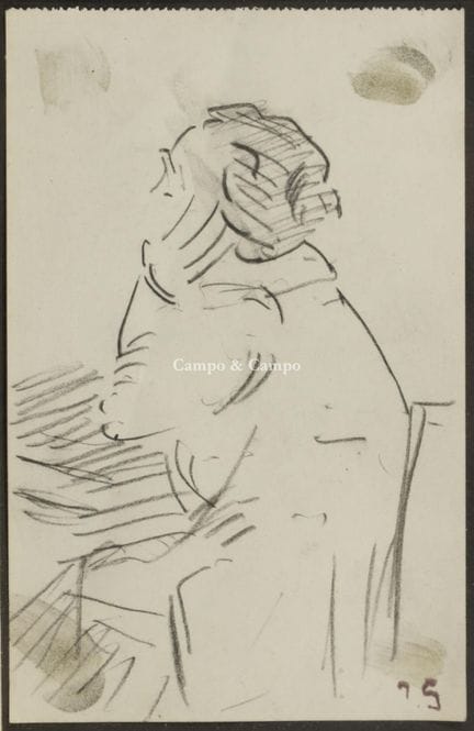 朱尔斯·施马尔齐高 1882-1917  -  《桌边的男子》  炭笔画。 木炭笔画  画室印章。画