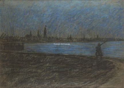 范·米赫姆·欧仁 1875-1930  -  《斯海尔德河畔的岗哨》  纸本综合技法。 纸本综合技法