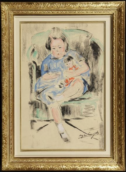 维尔伯格·梅达尔 1886-1957  -  玩洋娃娃的女孩  纸本综合材料。Technique m