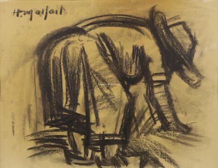 马尔法伊·休伯特 1898-1971  -  户外写生画家  木炭画。木炭画于纸上  签名。签名缩写