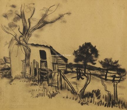 耶斯佩斯·弗洛里斯 1889-1965  -  《带农舍的风景》  纸本素描。Dessin sur 
