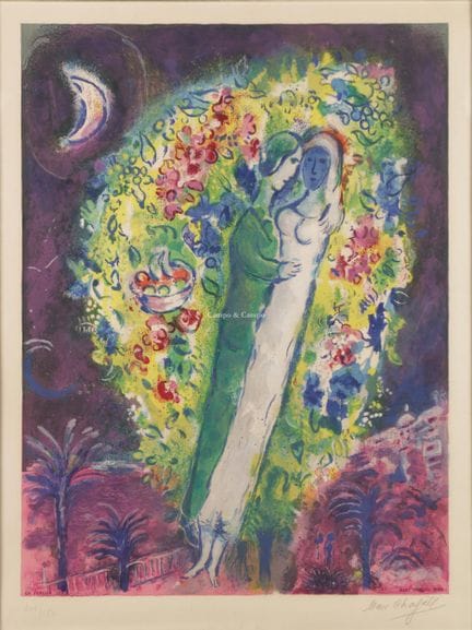 马克·夏加尔 1887-1985  -  《含羞草中的情侣》  石版画。  经认证并签名，编号 10