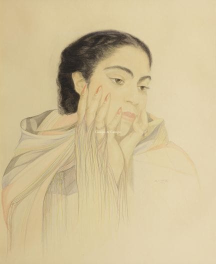 德·维特·玛尔塔 1893-1976  -  女性肖像  纸本彩色素描。Dessin et coul