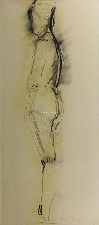 亨德里克斯·约斯 1906-1971  -  《站立的裸女》  纸上粉笔画。Craie sur pa