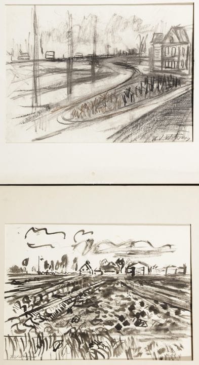 沃尔文斯·亨利-维克多 1896-1977  -  农田 - 街景  2幅纸上素描。Dessin s