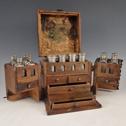 TRAVEL MEDICINE CHEST made of walnut, opening with