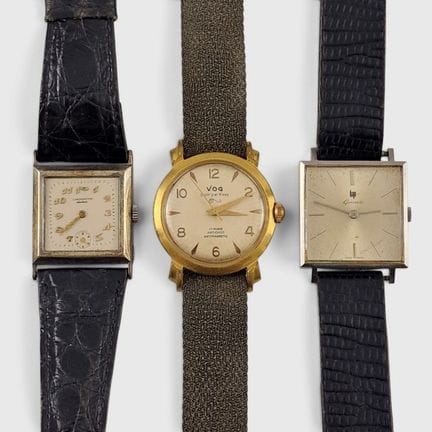 LIP、VOG、MOVADO——三款20世纪中叶男士腕表，表壳为钢制或镀金金属
搭载手动上链或自动上