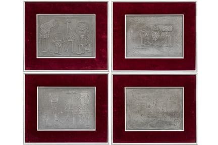 皮埃尔·凯耶（1912 - 1996）
四幅由皮埃尔·凯耶亲笔签名的金属浅浮雕（共12幅），带有超现