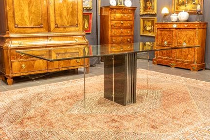 Tavolo di design degli anni '80/'90 in vetro e pie