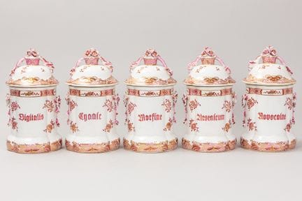 5 pharmaceutical jars porcelain with a pink and gi