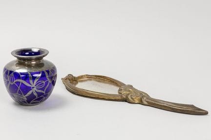 two Art Nouveau items : a mirror and a small vase
