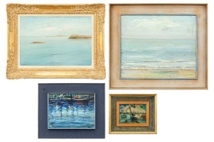 4 piezas: dos óleos sobre lienzo con vistas marina