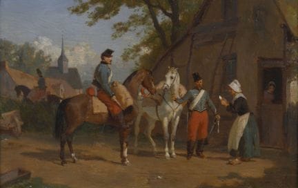 让-佩祖斯（1815-1885 年）。Halte là; La missive.
两幅油画。右下方有
