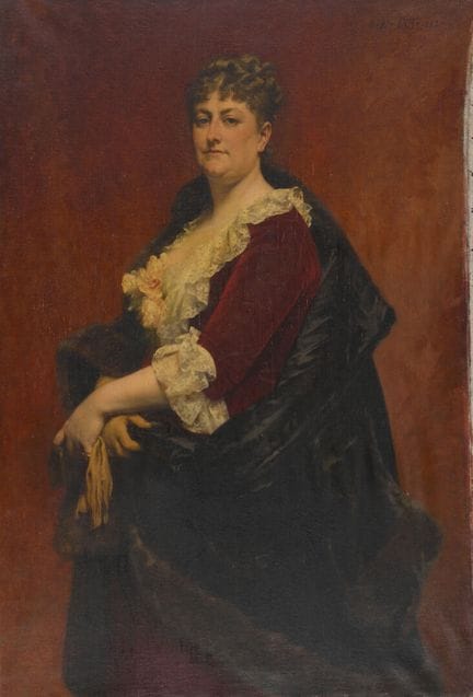 皮埃尔-奥古斯特·科特（1837-1883）。《披斗篷的女子肖像》。
布面油画。右上角签名：P+A+