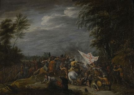 兰伯特·德·洪特（梅赫伦，1620—1665）。《骑兵冲锋》。
布面油画。右下角有签名
84 x 6