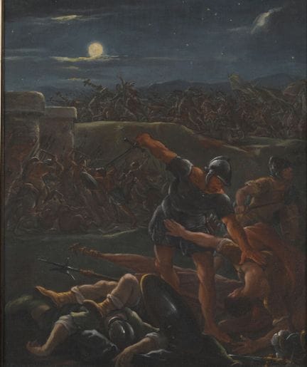 17世纪那不勒斯画派。月光下的战斗场景
布面油画。
画芯尺寸44.5×37厘米，装裱于带浮雕装饰的镀