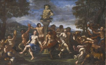 罗马画派，约1680年。围绕巴克斯神像的巴卡斯狂欢舞；《巴克斯的醉态》（2）
一对布面油画
60 x