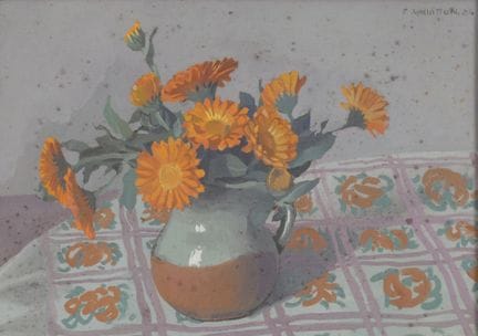 费利克斯·瓦洛顿（1865-1925）。《格子桌布上的金盏花束》，1924年。
水粉画，画于纸板上。
