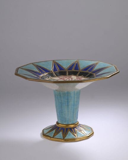 LONGWY. Copa con pie de loza craquelada con decora