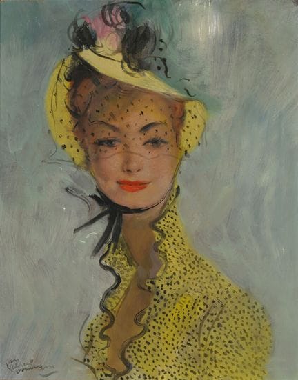 让·加布里埃尔·多梅尔格（1889-1962）。《戴薄纱的黄衣女子肖像》。
木板油画。左下角有签名。