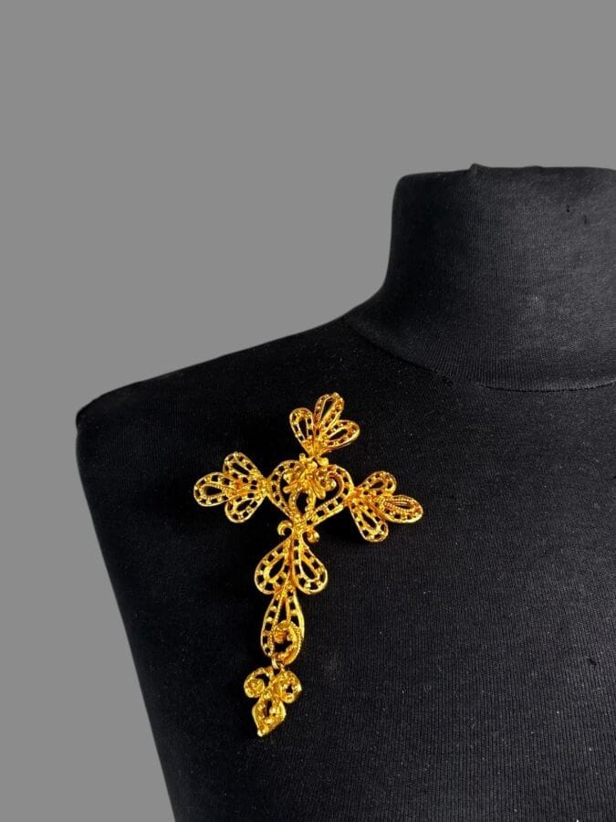 CHRISTIAN LACROIX Made in France Openwork gold-plated metal cross brooch—signed 
11.5 x 7.5 cm