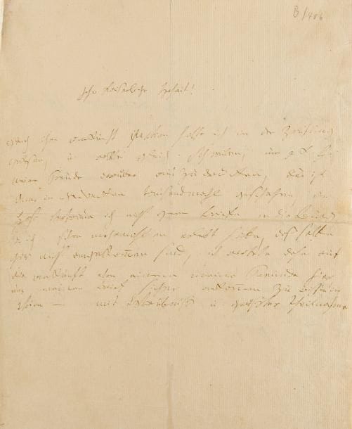 BEETHOVEN Ludwig van (1770-1827).
L.A.S., [Baden fin juillet début août 1825], à l’ARCHIDUC RODOLPHE ; 3 pages in-4 (encre un peu pâle, fentes aux plis très bien réparées).

Très belle et exceptionnelle lettre à l’Archiduc Rodolphe, une des très rares (peut-être la seule) de cette correspondance encore dans une collection privée.
Dans cette lettre, le compositeur exprime sa joie de savoir l’Archiduc de retour à Vienne. Puis, il l’informe de son état de santé : une inflammation de l’intestin a failli lui être fatale, et s’il va mieux maintenant, il n’est pas complètement rétabli pour autant. Pour terminer, il se met à la disposition de Son Altesse pour venir jouer de la musique avec lui dans quelques jours.
L’Archiduc RODOLPHE d’Autriche (1788-1831), fils cadet de l’empereur Leopold II d’Autriche, prince-archevêque et cardinal, fut l’élève, l’ami et le bienfaiteur de Beethoven, qui lui a dédié quatorze de ses œuvres, dont la sonate Les Adieux, le Trio à l’Archiduc, le 5e Concerto “l’Empereur”, la Sonate Hammerklavier, et la Missa solemnis. La majeure partie des lettres de Beethoven à l’Archiduc est conservée à la Gesellschaft der Musikfreunde de Vienne, et quelques autres à la Nationalbibliothek de Vienne, la Deutsche Staatsbibliothek de Berlin, et la Beethovenhaus à Bonn.
Aussitôt qu’il a lu dans le journal l’annonce du retour à Vienne de l’Archiduc, il a voulu lui écrire pour lui exprimer sa joie ; il l’a fait mille fois en pensée, mais il ne tient pas à confier à la poste ses lettres pour la Burg, puisqu’à plusieurs reprises les siennes ne sont pas arrivées ; il a préféré attendre le retour de l’un de ses amis à Vienne pour savoir sa lettre en mains sûres. Il apprend avec tristesse que l’Archiduc a été indisposé, et espère une prompte guérison, même s’il doute que l’air de Vienne puisse convenir à son état. S’il avait encore un logement en ville, il serait rentré plus tôt pour venir voir l’Archiduc ; mais sa santé vient d’être fort ébranlée par u