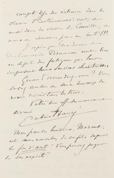 FAURÉ Gabriel (1845-1924).
L.A.S., 12 novembre 1914 ; à Alfred BRUNEAU ; 2 pages in-8 à en-tête Conservatoire National de Musique et de Déclamation. Le Directeur.

Sur le Conservatoire au début de la Guerre.
La lettre de Bruneau a dû se perdre « en cette époque de bouleversements. […] Nous sommes ici, par rapport à l’École, au calme complet. La rentrée s’est cependant effectuée aussi bien que possible, défalcation faite de tous les braves garçons qui se battent là-bas. La maison compte déjà des victimes dans les classes d’instruments à vent, et aussi dans les classes de Comédie, et nous ne sommes pas au bout !!! »…