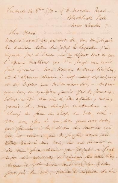 GOUNOD Charles (1818-1893).
L.A.S., Londres 4 octobre 1870, à son parent Henri ; 1 page et demie in-8.

Exil en Angleterre pendant la guerre.
Ils sont très inquiets de ne pas avoir de leur nouvelles depuis qu’il a appris « l’affreux malheur » qui a frappé Henri : « Nous trouvons le temps bien long, et l’absence donne à nos cœurs des exigences et des besoins que tu comprendras ». Ils ont appris par les journaux qu’Évreux a failli être assailli, et il demande avec anxiété des nouvelles de tous : « Vous avez plus à nous dire que nous autres qui sommes à la diète de tout ce qui nous est cher. […] Anna [sa femme] et grand-mère vont assez bien ; elles sont près de moi, tirant l’aiguille de leur mieux dans nos quelques loques. Tous, nous vous embrassons bien tendrement et pensons incessamment à vous. […]. Que pensez-vous faire dans l’avenir en cas d’impossibilité de rester ? » Il signe : « Ton frère et ami Ch. Gd ».
À la suite, sa belle-mère Hortense ZIMMERMANN a ajouté 16 lignes pour ses « chers enfans » : « chaque jour nous souffrons d’autant de cette séparation qu’aucun espoir (puisque chaque jour les événements le déçoivent davantage) n’autorise notre retour dans notre malheureux pays »…