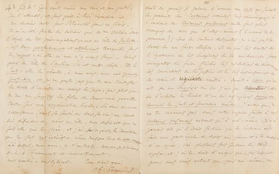 GOUNOD Charles (1818-1893).
L.A.S., Tavistock House [Londres] 11 mars 1872, [à Jules BARBIER] ; 12 pages in-4 (quelques légères rousseurs).

Magnifique et longue lettre à son ami et librettiste Jules Barbier, protestant contre les conditions de la reprise à Londres de son opéra Roméo et Juliette, proposées par l’administrateur du Royal Italian Opera, Frederick Gye.
Gounod expose d’abord longuement que sa position sur le refus de signer le contrat proposé est définitive, et regrette qu’un dissentiment soit survenu entre eux, alors qu’il a souvent fait passer les intérêts d’autrui devant ses propres droits... « Je te rappellerai, en premier lieu, le sort de Faust à Londres. Souviens-toi que nous avons donné là une Californie dont l’or a été pour les autres, et le cuivre pour nous. Notre ignorance de nos droits, de notre valeur, de notre pouvoir, nous y a perdus alors, et Dieu sait ce que j’en ai souffert ! Je ne veux plus que cela recommence […] En nous demandant le droit exclusif, Mr GYE sait qu’il le revendra au double, au quintuple, au décuple, et au centuple dans le détail des exécutions dramatiques ou des moindres concerts : quelques sous sont ce qu’il nous offre pour l’achat de ce gain énorme. Ton livret seul, vendu dans la salle, lui couvre, par chaque soir en moyenne, ce que lui voudrait nous payer. [...] Mr Gye doit être dans nos mains au moins autant que nous dans les siennes : les 8 années qu’on nous offre sont des années de servitude ». Quant au risque d’un insuccès, « toute œuvre au monde peut être un insuccès : ç’a été même, généralement, le début des chefs-d’œuvre ». Mais Londres est « en fait d’initiative artistique, la capitale de la prudence et de la timidité : Londres est un mouton de Panurge ; Londres ne se décide qu’à coup sûr ». Gounod rappelle que Faust a été joué à Darmstadt, Hambourg, Hanovre, Vienne, Munich, Berlin avant Londres : « Faust n’est entré à Londres qu’avec le passeport de l’évidence, visé par la confiance du Continent 