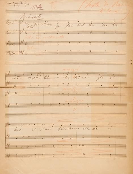 LISZT Franz (1811-1886).
MANUSCRIT MUSICAL en partie autographe, Grand Dieu qui fais briller, [1846] ; 8 pages in-fol. (fentes au pli central).

Chœur à quatre voix sur un poème de Jean Racine.
Il s’agit du n° III des Cinq Chœurs [S 18, R 506, LW J4] composés par Franz Liszt au début de 1846 pour le concours Nos patriæ fines (citation de la première églogue des Bucoliques de Virgile) lancé par le ministère de l’Instruction publique le 3 novembre 1845, pour un « recueil de chants usuels, moraux, religieux et historiques », cloturé le 1er avril 1846. 370 compositeurs envoyèrent 1 731 chœurs. Liszt, qui se trouvait à Vienne, fit porter en mars 1846, par le Dr Weber qui allait à Paris, les manuscrits de ces chœurs à sa mère, avec des instructions pour être remis à temps au concours, indiquant qu’ils étaient pour lui d’une grande importance. Les chœurs de Liszt ne furent pas retenus parmi ceux primés le 21 mars 1847.
Le manuscrit est préparé par un copiste (peut-être pour qu’on n’y reconnaisse pas la main de Liszt) qui a écrit entièrement la musique, à l’encre brune sur papier à 15 lignes (3 systèmes de 4 portées par page) pour les 4 voix : Sop. 1mo, Sop. 2do, Tenori, Bassi. Dans le coin supérieur gauche du premier feuillet, une autre main a inscrit le nom du concours « Nos patriae fines », et un numéro a été porté à l’encre rouge « N° A ».  Liszt a porté en tête, au crayon rouge, le numéro « III » et l’indication : « (Texte de Racine n° 3) ». Liszt a écrit de sa main, à l’encre brune, sous la première ligne de chant, les paroles des cinq strophes du chant, ainsi que l’indication liminaire de tempo : « Moderato » ; et, au crayon rouge, de nombreuses inscriptions de nuances et d’indications dynamiques : « dolce con sentimento », « dolce », « marqué », accents, crescendos, etc.
Le chœur est à 4/4, en la majeur (comme le stipulait le règlement du concours). Le texte est de Jean Racine, tiré des Hymnes traduites du Bréviaire romain, pour le mercredi à vêpre