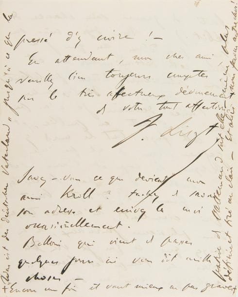 LISZT Franz (1811-1886).
L.A.S., Weimar 18 juin 1848, à l’éditeur musical Heinrich SCHLESINGER ; 6 pages petit in-4.

Belle et longue lettre sur l’édition de ses transcriptions et paraphrases musicales, et sur la fin de sa carrière de virtuose.
Il renvoie les épreuves corrigées de Leyer und Schwert et de la Marche turque, dont vous ferez ce que bon vous semblera [transcription pour piano du chœur Leyer und Schwert de Carl Maria von WEBER, et Capriccio alla turca sur des motifs de Beethoven d’après Die Ruinen von Athen de BEETHOVEN]. Quant au chœur Was ist des Deutschen Vaterland [Das deutsche Vaterland sur l’hymne nationaliste d’Ernst Moritz Arndt, dédié au roi de Prusse Frédéric-Guillaume IV, 1842, refait en 1848] je crois qu’il vaut mieux ne pas le publier, et le mettre tout bonnement dans votre grenier d’autographes pour être renvoyé occasionnellement à leurs auteurs respectifs ! Cette opinion, je le sais, est diamétralement opposée à celle que je vous écrivais de Krzižanowitz [château du prince Lichnowsky], où j’avais composé cette nouvelle version dans un moment d’enthousiasme... mais sur des questions personnelles aussi insignifiantes on peut sans doute se contredire à 8 jours de date – principe que je n’admets ni ne pratique dans d’autres occasions. En tout cas si la fantaisie de publier ce chœur vous prenait, veuillez bien ou retrancher la Dédicace ou la modifier dans un sens de simplicité plus sensée, et m’envoyer à Weymar (où je passerai une couple de mois) les épreuves que je vous réexpédierai par retour de courrier ».
Il prie de saluer ses amis, notamment August CONRADI : « Si d’ici à un mois il se trouvait libre de leçons et d’occupations qui l’obligeraient à rester à Berlin, je lui proposerais volontiers de venir faire quelques tours de Park à Weymar où les oiseaux sont d’un grand entrain de musique par le beau temps qu’il fait. Je ne bougerai d’ici qu’aux premiers jours d’août [...] et maintiendrai très complètement ma détermination de 