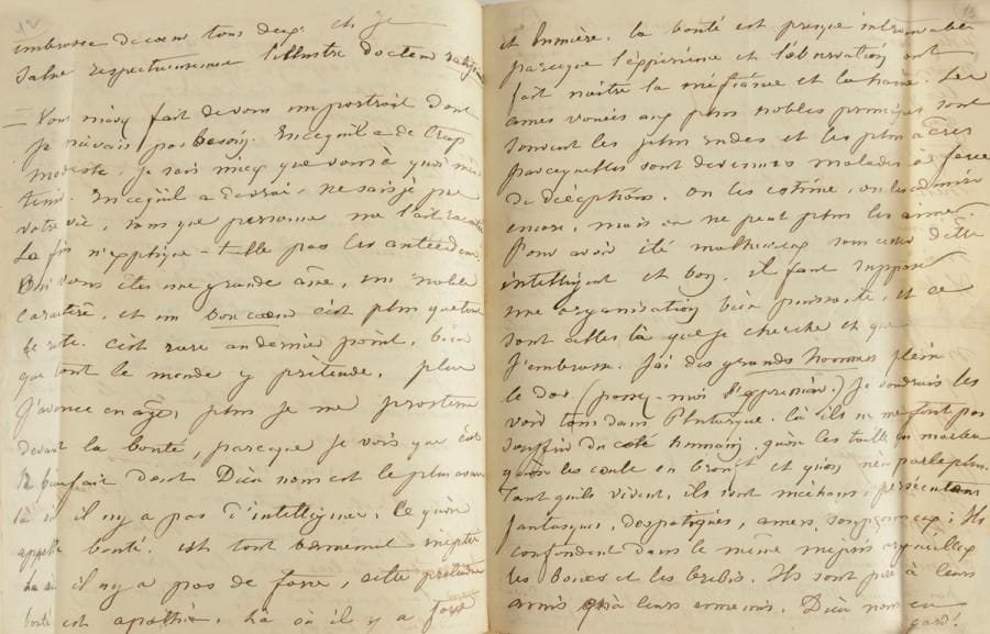 SAND George (1804-1876).
29 lettres (12 L.A.S. et 17 L.A.), 1834-1862, à Franz LISZT et/ou à Marie d’AGOULT ; environ 157 pages in-4 ou in-8, 12 adresses (2 lettres incomplètes, une du début, une de la fin) ; la plupart montées sur onglets en un volume in-8 demi-maroquin grain long vert à coins, dos orné, étui (Semet & Plumelle).

Magnifique correspondance romantique, littéraire et artistique, entre George Sand « Piffoel » et les « Fellows » Franz Liszt et sa maîtresse Marie d’Agoult.
Ayant noué des relations d’amitié à Paris, George Sand, accompagnée de ses deux enfants (les « Piffoels », à cause du nez de Sand), ira retrouver en Suisse Franz Liszt et Marie d’Agoult (les « Fellows »). Ils séjourneront ensuite ensemble à Paris et à Nohant, avant qu’une brouille les sépare.
8 lettres sont adressées à Franz LISZT, 17 lettres à Marie d’AGOULT, et 4 lettres adressées aux deux. Seule la première lettre est signée « George Sand » ; cinq sont signées « George », une « GS », et cinq « Piffoel » (une sous forme abrégée « Piff »). [Voir au n° 1167 une lettre de Liszt à George Sand.]
Nous ne pouvons donner ici qu’un rapide résumé de cette riche et belle correspondance, dont cinq lettres dépassent la dizaine de pages. Nous renvoyons à la fin de chaque lettre à la Correspondance publiée par Georges Lubin.

[Paris 6 ( ?) décembre 1834] à Franz LISZT (2 p.). Elle ne peut se rendre à son concert : « Je suis d’autant plus fâchée de ne pas vous avoir vu ce soir, que je suis maintenant plus présentable. Vous m’avez vue imbécile et folle, vous m’auriez vue contente […] Peut-être avez-vous prié Dieu pour moi ». Elle s’absente quelques jours : « à mon retour […] vous m’amènerez Berlioz, je ne vous en tiens pas quitte »… [II, n° 862, p. 760]
[Paris, 19 ( ?) janvier 1835] à Franz LISZT (1 p.) : « dites-moi que vous n’avez pas de reproche à me faire dans tout ceci, que vous n’êtes pas blessé de mes tristes façons d’agir et que vous conserverez en vous-même un souv