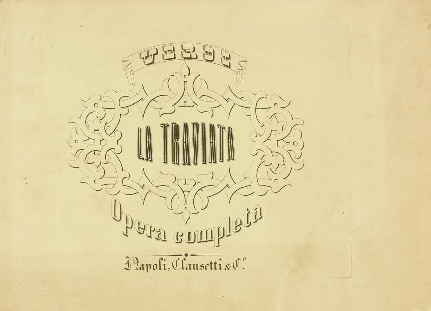 VERDI Giuseppe (1813-1901).
La Traviata. Melodramma tragico di F.M. PIAVE posto in musica dal Cavaliere G. VERDI. L’Opera intera per Pianoforte solo (Napoli, Clausetti e C°, [1854]); in-4 oblong, 122 pages, broché, couverture jaune de l’éditeur (très légères salissures à la couverture).

Rarissime première édition de la version originale de La Traviata, avec d’autres partitions de Verdi.
Cette édition est publiée sous deux formes : les parties de chant seul sans accompagnement (« per canto ») vendues 6 ducati, et la réduction pour piano sans voix (« per Pianoforte solo ») vendue 4 ducati. Ces deux partitions, les seules à donner la version originale de l’opéra, sont rarissimes. C’est ici la réduction pour piano (« riduzione di L. Truzzi »), c’est-à-dire sans les parties vocales pubiées séparément, publié en même temps qu’elles, et partageant la même page de titre et le premier numéro (« Preludio »). Elle comporte les lignes vocales, et une partie du texte chanté, mais intégrées dans la partie pour piano, au lieu de figurer sur une portée séparée. La partition est entièrement gravée sur double portée, et compte 16 numéros, avec les cotages 1651-1666. La couverture de papier jaune annonce : « Opera completa » ; le titre est entouré d’une bordure octogonale. 
L’édition Ricordi n’a paru qu’en 1855, après que Verdi eut révisé l’opéra pour Venise, en mai 1854 (bien que Ricordi ait préparé dix numéros en 1853, il n’y eut aucune édition intégrale). Ainsi, « la seule impression de […] la version originale de La Traviata fut chez Clausetti, à Naples » (Fuld).
On joint : – Rigoletto (Milan, Ricordi, [1851]), duo n° 7 seulement, musique gravée, cotage 23177, pagination simple (1-9), jolie vignette de titre lithographiée représentant le fameux quatuor de l’acte III. – Giovanni d’Arco, [3 numéros], (Naples, Girard, [1845]). – Alzira, [4 numéros] (Naples, Flli Fabricatore, [1845 ?]), titre à bordures ornementales bleues, cotages 195-198 [l’opéra fut représenté po