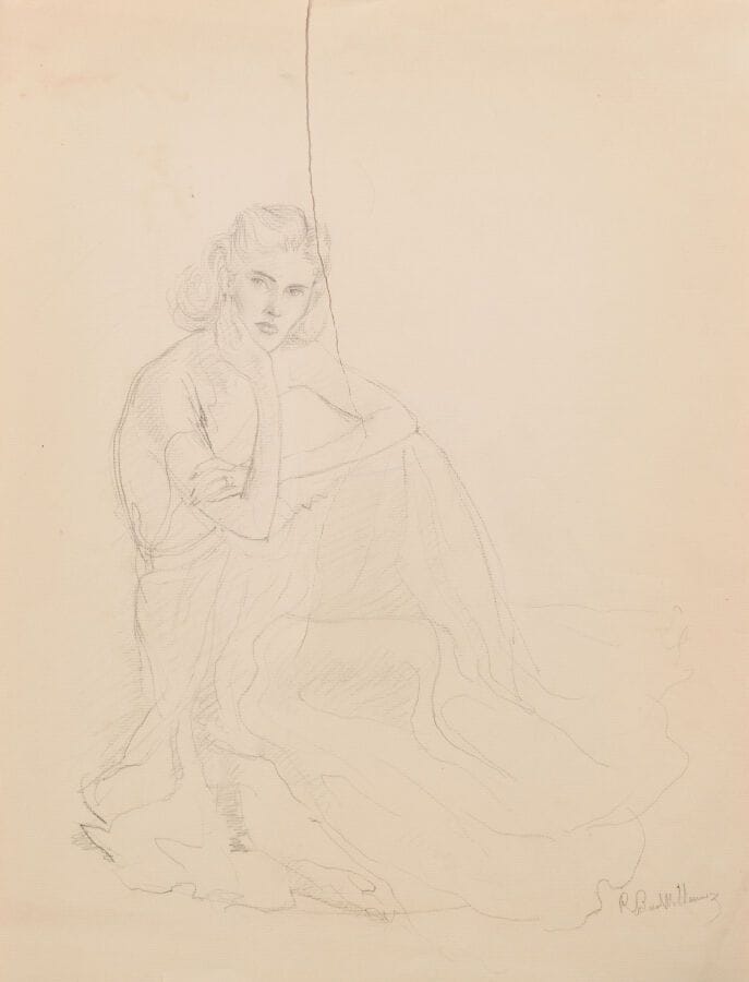 René BOUET-WILLAUMEZ (1900–1979)
Set of three graphite drawings comprising: 
- “Woman with a Hat”  
Monogrammed in the lower right corner 
37 x 29 cm. 

- "Couple and Carriage"
43.5 x 35 cm. 
(Tears)

- "Seated Woman"
49 x 37 cm. 
Signed lower right 
(Large tear)